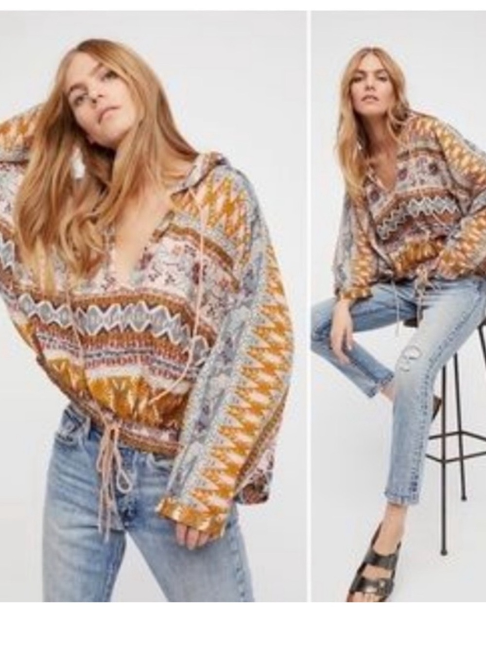 Free People Hold On Tight Blouse Women M/L Floral Hooded Dolman Sleeve Boho